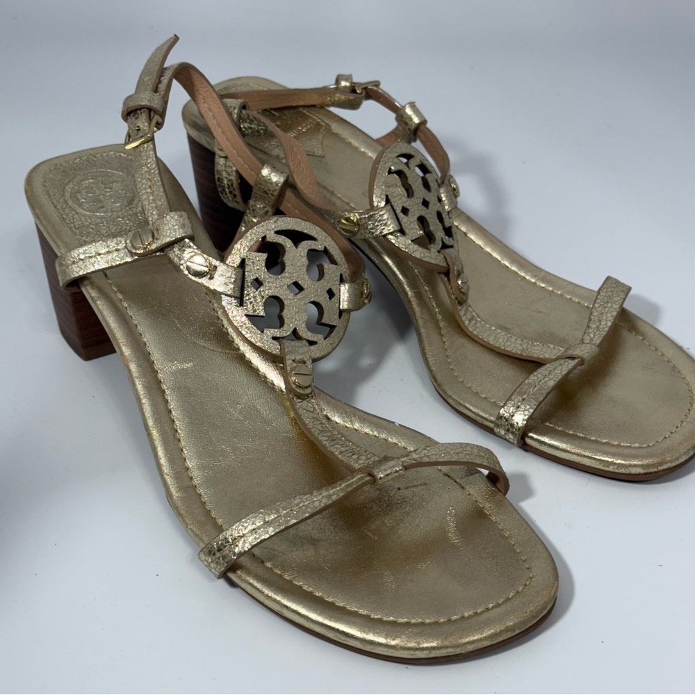 Tory Burch Miller Gold Metallic Leather T-Strap Chunky Heel Sandals size 8